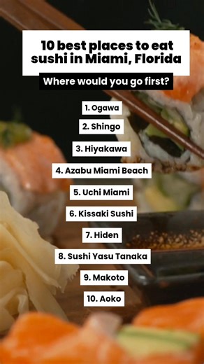 10 best places to eat sushi in Miami, Florida 1. Ogawa 2. Shingo 3. Hiyakawa 4. Azabu Miami Beach 5. Uchi Miami 6. Kissaki Sushi 7. Hiden 8. Sushi Yasu Tanaka 9. Makoto 10. Aoko | Fiery Trippers