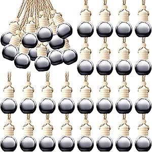50 Pcs Hanging Car Air Freshener Black Car Diffuser Bottles Empty Glass Perfume Bottles Air Freshener Diffuser Bottle Pendant for Essential Oils Fragrance Aromatherapy Bottle Ornament (Round)