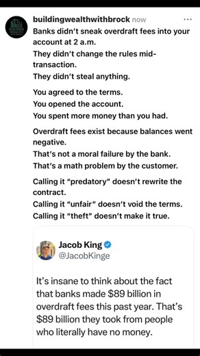 Brock Miller | Banks didn’t make $89B in overdraft fees by “stealing.” They made it because millions of people spent money they didn’t have. Overdraft... | Instagram