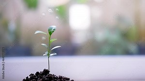 Global warming campaign concept. Someone is watering a small tree, and the small tree is emitting oxygen in the form of an icon