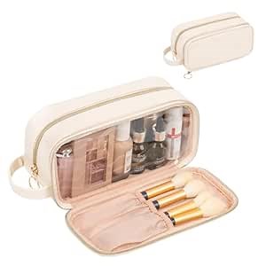 Small Makeup Bag for Purse, Cute Cosmetic Bag with Makeup Brush Storage Compartment, 2 In 1 Travel Make Up Organizer Zipper Pouch Portable Small Toiletry Bag for Women Girls