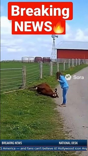 Girl Jumps Back as Cow Tries to Climb Fence and Falls — Viral Moment in USA & Canada