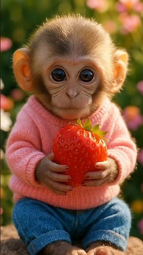 Cutest Baby Monkey Eating a Big Strawberry 🍓 | So Adorable You’ll Smile Instantly! 😍