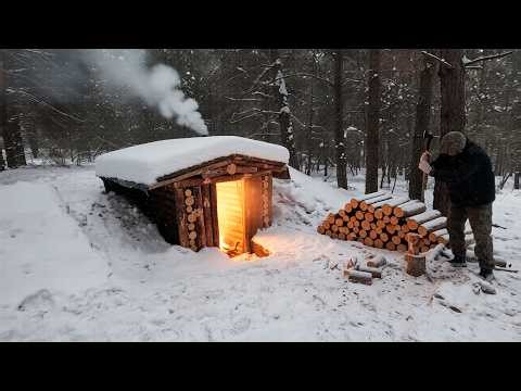 Building a dugout for survival during snowfall in the forest