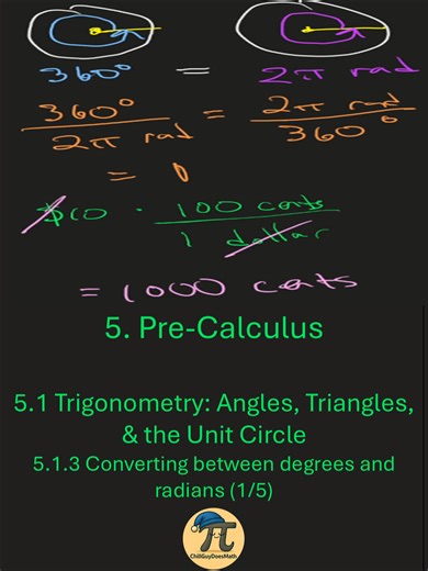 Degrees and radians linked? Pre-Calculus 5.1.3 Converting between degrees and radians (1/5) 5. Pre-Calculus 5.1 Trigonometry: Angles, Triangles, & the Unit Circle 5.1.3 Converting between degrees and radians (1/5) How are degrees and radians linked? Well, one full rotation around a circle is 360 degrees or 2 pi radians. So 360 degrees is equal to 2 pi radians. We can use that ratio to convert from degrees to radians or vice versa. It's just like converting between dollars and cents. #precalc #tr
