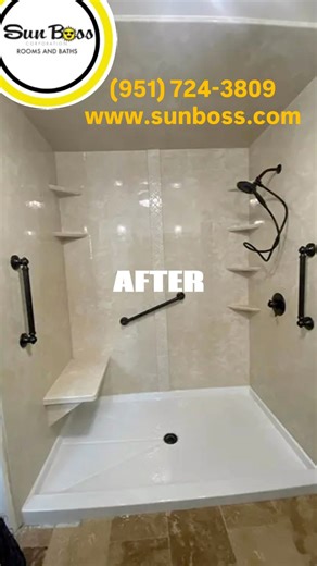 🚿 From Tub to Stunning Walk-In Shower! This Riverside homeowner said goodbye to the hassle of stepping over a tub and hello to a spacious, modern shower that’s as safe as it is beautiful! ✨ With our groutless marble finish and Microban® technology, there’s no more mold, mildew, or constant resealing to worry about. Just easy cleaning and total peace of mind. 💛 Family owned and operated since 1947, Sun Boss Rooms and Baths has proudly served Riverside and the Inland Empire for over 75 years. He
