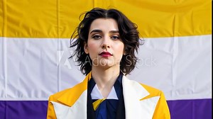 Non binary person woman in yellow coat standing against non-binary flag