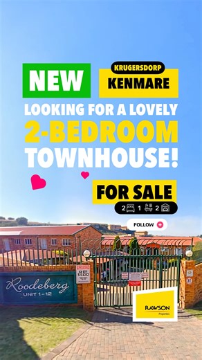 🏡 NEW LISTING | KENMARE, KRUGERSDORP 💰 R820,000 | 🛏️ 2 Bedrooms | 🛁 1 Bathroom | 🚗 1 Carport Parking ✨ Cozy. Convenient. Move-In Ready. ✨ Welcome to your new happy place in the heart of Kenmare — a peaceful, family-friendly area surrounded by schools, shops, and beautiful views 🌳💛 This lovely 2-bedroom townhouse is the perfect blend of comfort, simplicity, and convenience — ideal for first-time buyers, young families, or anyone ready to downsize without compromise. ✅ 2 Comfortable bedroom
