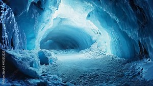 Inside ice caves with blue ice formations. Beautiful Iceland scenery. Arctic and Antarctic regions.
