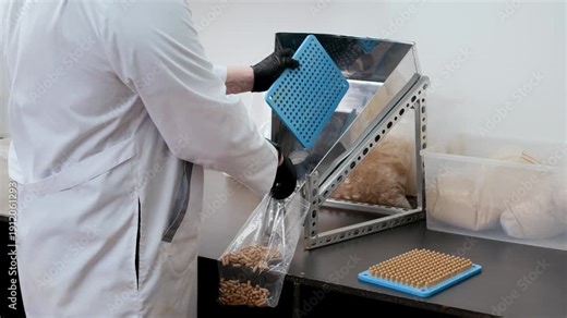 Worker in white coat and black gloves empties filled herbal capsules from a stainless steel hopper into a plastic bag. Manual batch packaging in nutraceutical supplement manufacturing process.