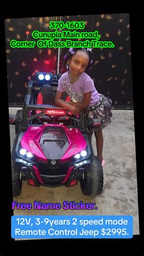 The Godmother Exclusives💎™️ on Instagram: "$2’995 (FREE CUSTOMIZED NAME STICKER) 💎3-9years ,4x4 Jeep ,12v, 2 speed mode, rechargeable, remote controlled & manual ,Steering Capability . 💎, USB & built in music. Multi-colored LED headlights . 📞 (868)370-1603 📍Cunupia Main Road, Corner of Dass Branch Trace . Delivery available nationwide . #rideon #remotecontrolcar #trinidadandtobago #toycar #thegodmotherexclusive"
