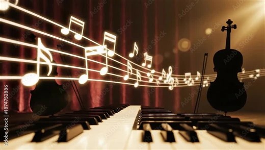 Musical notes flowing over piano keys with a cello in the background.