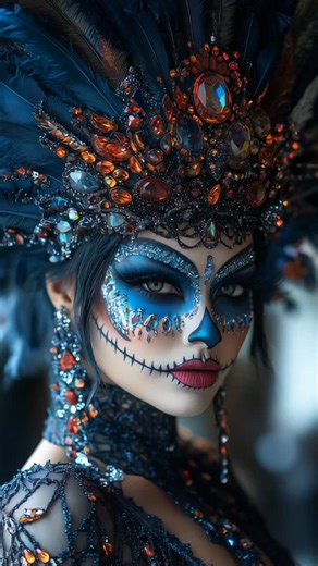 Digiart of Alex on Instagram: "Between life and art, she paints herself eternal.💀 Bold make-up inspiration for those who dare to shine. Vibrant colors, crystal details, and the spirit of La Catrina reborn. 💀💋✨ Please mention @digiart.of.alex if you repost my creations. #DiaDeLosMuertos #MakeupIdeas #GlamCatrina #GlitterQueen #FantasyMakeup #EtherealBeauty #FestivalArtistry"