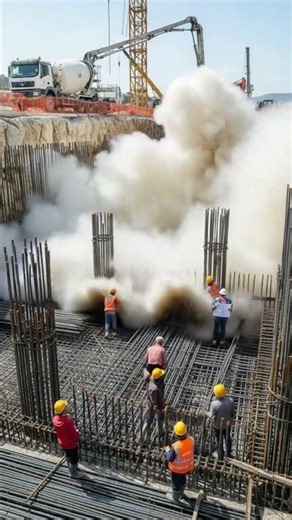 Concrete truck chute extended, delivering material into the pit