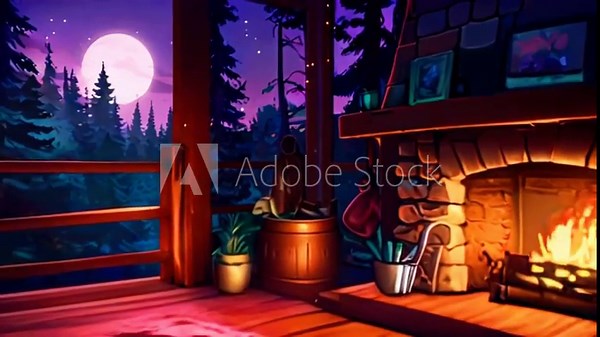 A cabin in the woods, soft moonlight filtering through the trees, fireplace crackling, computer with a nature-themed screensaver, vtuber asset twitch zoom OBS. 4k Lofi music background Animation Video Stock Video