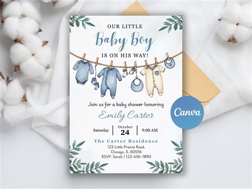 Boy Baby Shower Invitation, A Sweet Baby Boy is on His Way Invite, Baby Laundry Blue Greenery, Digital Boy Baby Clothes Baby Shower Invite - Etsy