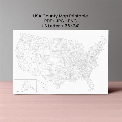 USA County Map Printable - All Counties Outline Map With State Borders - Pdf Jpg Png - Etsy