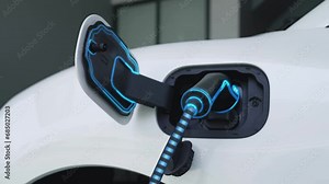 Electric car recharging from home charging station by futuristic EV charger. Cutting-edge technology advancement of EV car and smart home renewable energy infrastructure for sustainable power. Peruse