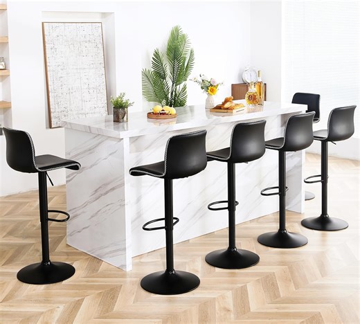 FIRAVOE Swivel Bar Stools Set of 6, Counter Height Bar Stools with Back, Adjustable Bar Stools 24" to 32", Black Faux Leather Bar Stools for Kitchen Island (Black, Set of 6 (24'' to 32'' )