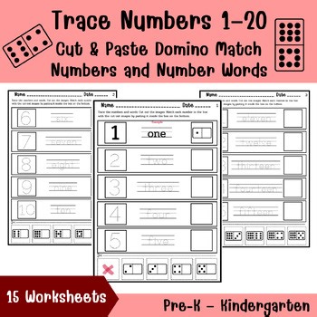 Trace Numbers & Number Words 1–20 | Cut & Paste Domino Match | Pre-K–K