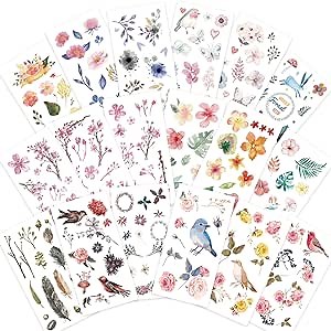 Knaid Watercolor Birds and Flowers Stickers Set - Decorative Sticker for Scrapbooking, Kid DIY Arts Crafts, Album, Bullet Journaling, Junk Journal, Planners, Calendars and Notebook
