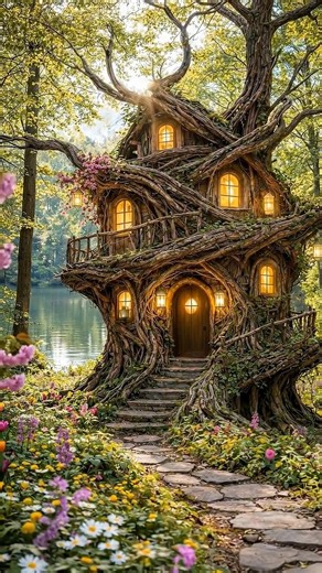 Natural log cabin on Instagram: "Inside the Enchanted Treehouse Cabin: A Real-Life Fairy Tale Home in the Forest. Would you live in this enchanted treehouse cabin, yes or absolutely yes? Whimsical treehouse cabin interior with carved wood walls and ceiling, loft bedroom with rustic branch railing and arched windows, small kitchen nook with sink and shelves, cozy seating area with pillows and woven rug, rustic bathroom with vanity and round mirror under warm lantern light, and exterior view of a