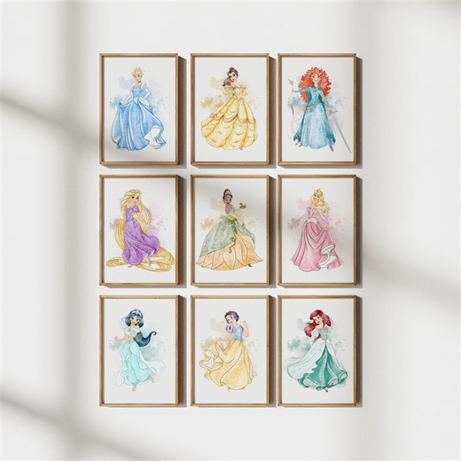 Princess Wall Art Set of 9, Watercolor Princess Prints, Nursery Princess Posters, Girls Room Wall Decor, Princess Artwork, Instant Download - Etsy