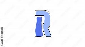 Letter R. 4K video. Blue font animated isolated on clear white background. Contrasting symbol, moving mobile form, black outline. Capital Letter R for software, user interface, mobile app, game.
