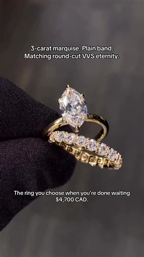 The post you send when you’re almost ready. 3.00 Carat Marquise Diamond | E VVS2 Set in 14KT Yellow Gold with 6 tiger prongs Clean 2mm plain band — elegant, secure, everyday wearable Paired with a matching full eternity band 💎 2.50 carats of VVS diamonds — sparkle from every angle Designed to look larger on the finger, built for daily wear, and crafted to sit perfectly flush together — no gaps, no compromise. ✔ IGI / GIA certified lab-grown diamonds ✔ Custom CAD design before production ✔ Made 