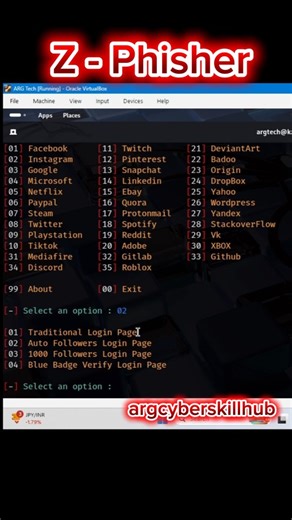 ARG Cyber Skill Hub on Instagram: "🔐 Z Phisher Tool – Awareness Demo ⚠️ Sirf educational & awareness purpose ke liye. ❌ Illegal use / phishing / fraud bilkul support nahi. #viral #ethicalhacking #staysafeonline #insta"