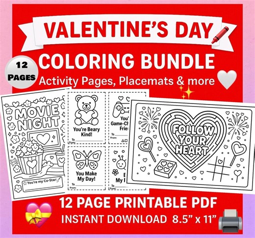 Valentines Day Coloring Pages | Printable Valentines Crafts for Kids | Valentines Day Activity Sheets | 12 Page Variety Bundle | Heart PDF - Etsy Canada