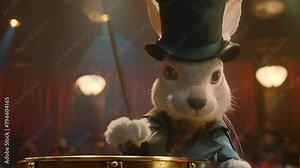 A magician rabbit wields a wand on stage, ready to dazzle with tricks, top hat at the center of the ac