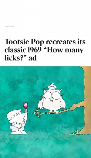 The Brand Inquirer on Instagram: "How many licks? Tootsie Pop, the brand behind the only lollipop with a @tootsieroll center, has remade its classic Mr. Owl “How many licks?” commercial frame by frame with refreshed animation and new voice talent (no AI!). The spot was redrawn by the acclaimed animation house @calabashanimation led by the Chicago-based creative team at @schafercondoncarter Originally created by ad agency Doner, the 1969 spot is one of the most recognizable and longest-running te