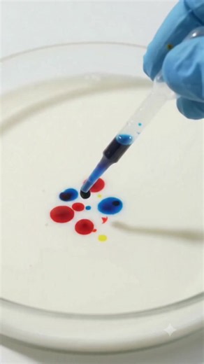 🧪 Magic Milk Experiment 🌈🥛 Food colouring was added to milk, followed by a drop of dishwashing liquid. As soon as the detergent touched the milk, the colours began to move, swirl, and spread, creating beautiful flower-like and radial patterns. 🔬 Science behind it: The dishwashing liquid interacts with the fat in the milk and changes the surface tension, causing the milk and colours to move and create this mesmerizing pattern. #science #test #experiment #chemistry #milk