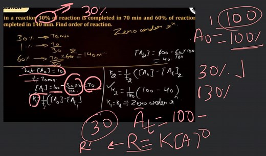 in a reaction 30 \% of reaction is completed in 70 \mathrm{min}... | Filo