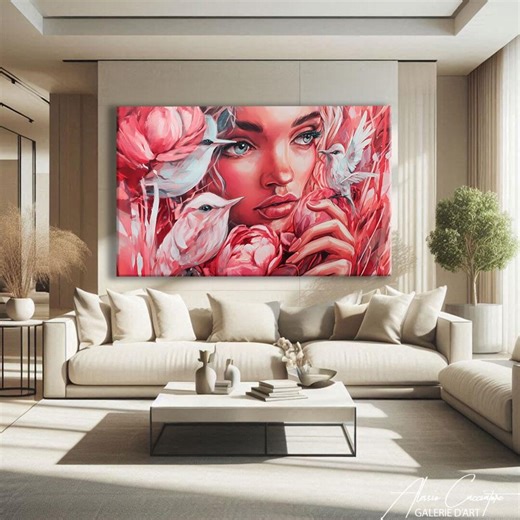 Pink Floral Wall Art Framed, Framed Bird Prints for Wall, Pink Woman Art Print, Abstract Flower Print, Surreal Art Print - Etsy