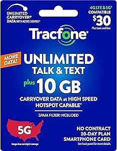 Tracfone $30 Unlimited Talk & Text, 10 GB of Data / 30 Days (Physical Card)