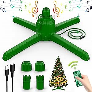 360 Degree Rotating Christmas Tree Stand, Adjustable Spinning Christmas Tree Base for Up to 9.8FT and 130 Pounds Artificial Tree, Musical Christmas Tree Holder with Remote Control