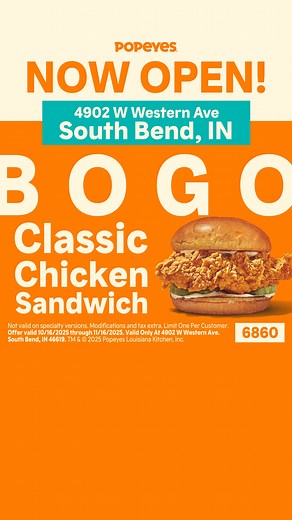 BUY ONE, GET ONE Chicken Sandwich only at 4902 W Western Ave. from 10/16 - 11/16. Hurry in while offer lasts. | Popeyes