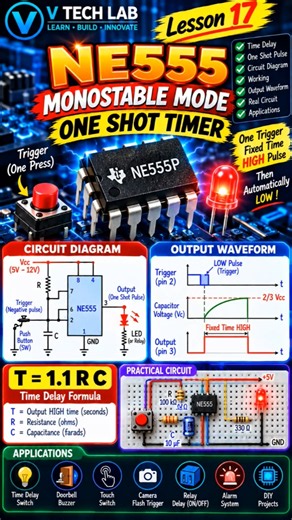 NE555 Monostable Mode 🔥 | One Shot Timer & Time Delay Circuit | Lesson 17 | V TECH LAB