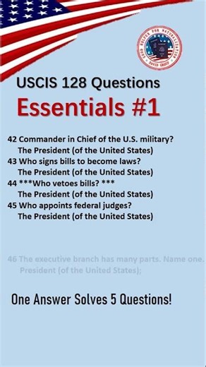 【English】USCIS Essentials: “The President” Answers 5 Questions USCIS, civics test, citizenship,