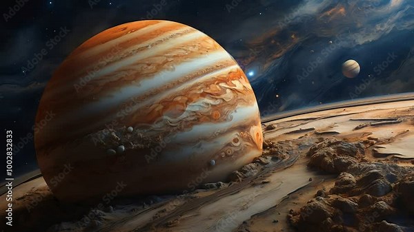 Highly detailed planet Jupiter, featuring deep blues, grays and bright oranges in swirling storm clouds. the cosmic beauty of the solar system in a high contrast cinematic style.4K