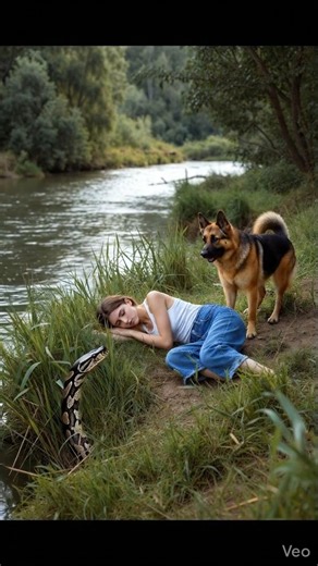 A Sleeping Woman, a Protective German Shepherd, and a Snake by the River