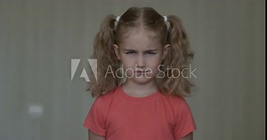 Portrait Very Grumpy Angry Little Girl. Kid Girl Having Nervous Breakdown. Negative Human Emotions Facial Expressions Feelings, Bad Attitude, Reaction. Emotional Child With Angry Expression on Face.