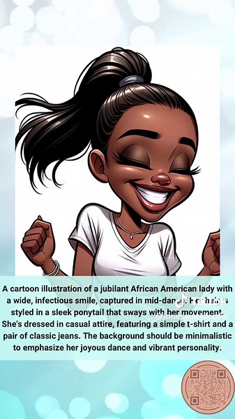 A cartoon illustration of a jubilant African American lady with a wide, infectious smile, captured in mid-dance. Her hair is styled in a sleek ponytail that sways with her movement. She's dressed in casual attire, featuring a simple t-shirt and a pair of classic jeans. The background should be minimalistic to emphasize her joyous dance and vibrant personality. #Digitalart #dalle3 #ai #promptbooks #blackgirltiktoks🤎 #blackownedetsyshop #soulhorizons1 #dailyprompt