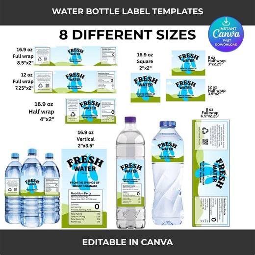 Water Bottle Label Template Canva Editable Bundle, 8oz 12oz 16.9oz Bottle Labels, Full & Half Wrap, Printable Party Water Labels, Stickers - Etsy