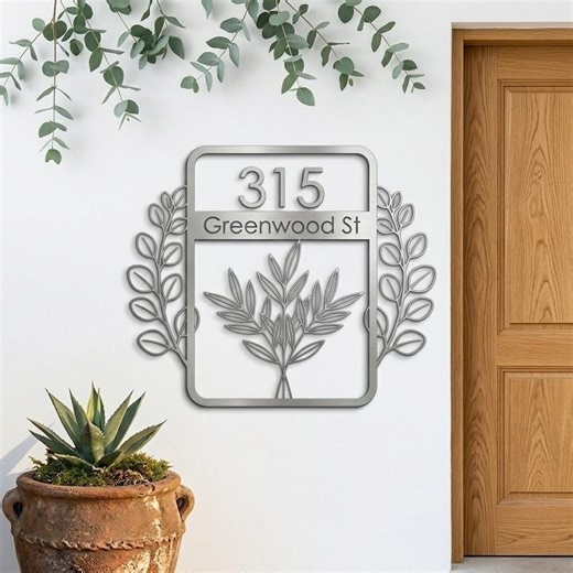 Custom Modern Address Metal Sign, Personalized House Number Sign, Minimalist Leaf Wall Decor Outdoor