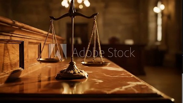 Scale of justice rests on bench. Courtroom shows wooden bench and solemn room. Law symbol evokes fairness and balance. Judge authority implied by bench and scale. Quiet mood suggests legal gravity.