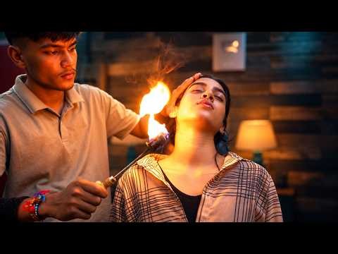 Hot Oil + Fire Therapy + Deep Head Massage Pure ASMR | The Quiet Barbershop.