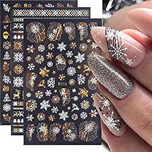 Snowflake Nail Art Stickers Decals Christmas Laser Bronzing 3D Self-Adhesive Nail Decorations Accessories Romantic Winter Snowflake Elk Leaf Design Acrylic Nail Art Supplies, 8 Sheets (Laser Gold)